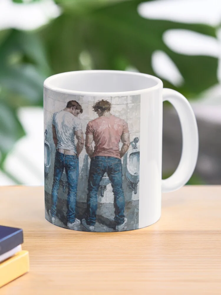 Coffee mug showcasing a painting of men in a restroom, ideal for fans of gay cruising art.