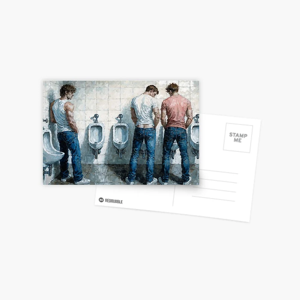 Postcard featuring a provocative depiction of gay cruising in a restroom setting.